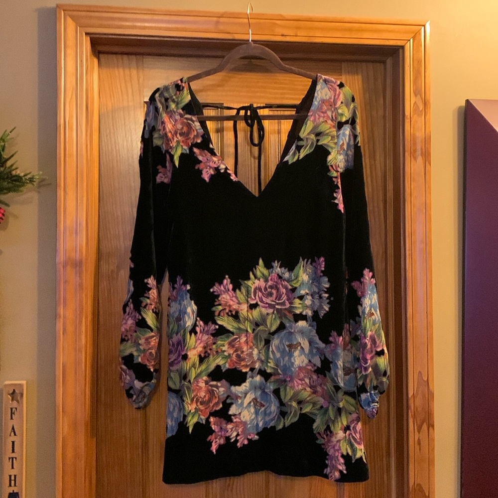 Urban Outfitters Floral light fabric with black velvet & back tie lined dress